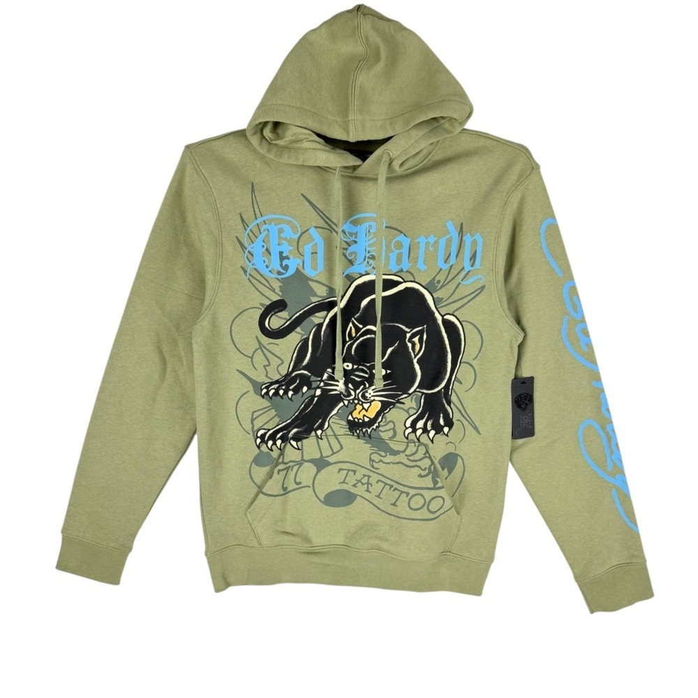 Ed Hardy Men's Olive Green Panther Tattoo Hoodie Sweatshirt Size Small NWT